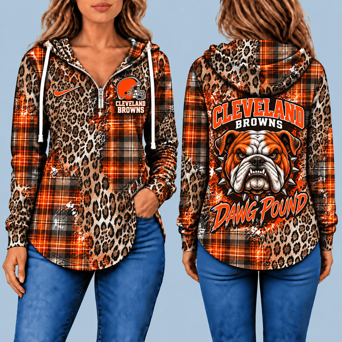 Cleveland Browns Leopard Plaid Pullover Half-zip Hoodie – Game Day Pullover