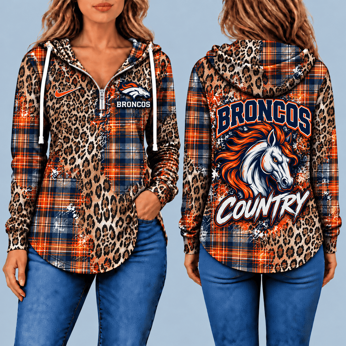 Denver Broncos Leopard Plaid Pullover Half-zip Hoodie – Game Day Pullover