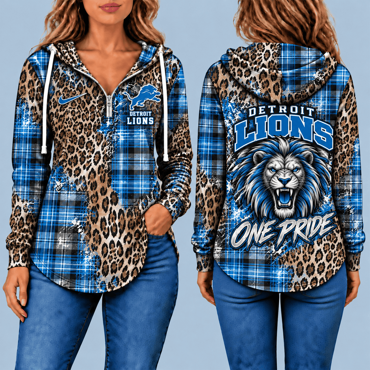 Detroit Lions Leopard Plaid Pullover Half-zip Hoodie – Game Day Pullover