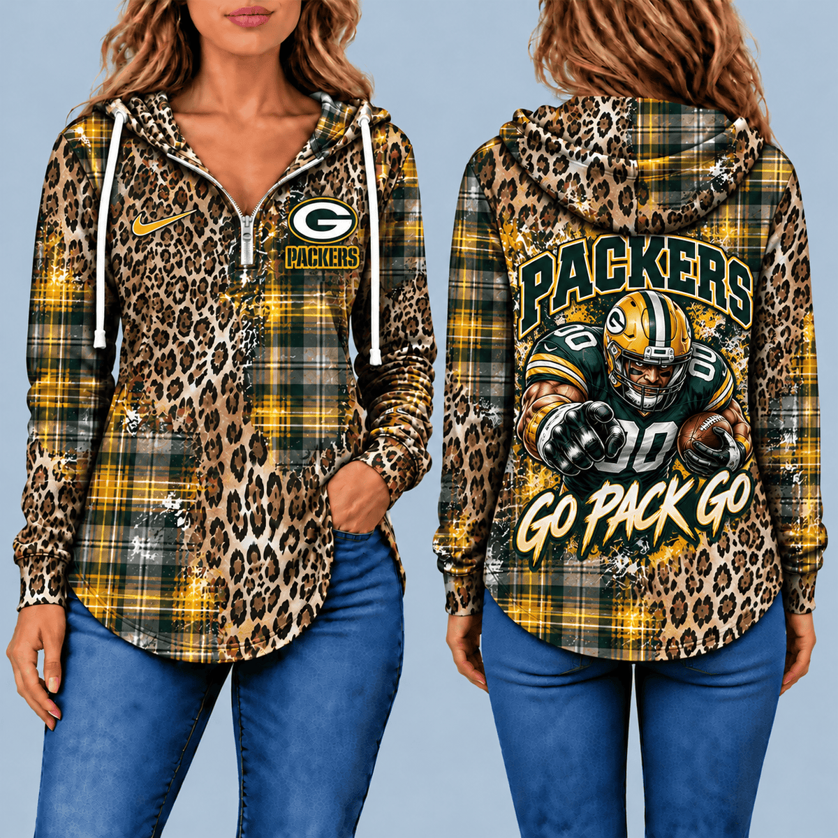 Green Bay Packers Leopard Plaid Pullover Half-zip Hoodie – Game Day Pullover