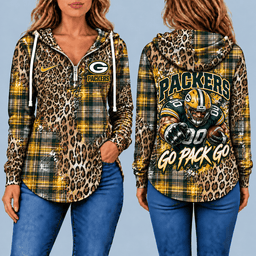 Green Bay Packers Leopard Plaid Pullover Half-zip Hoodie – Game Day Pullover
