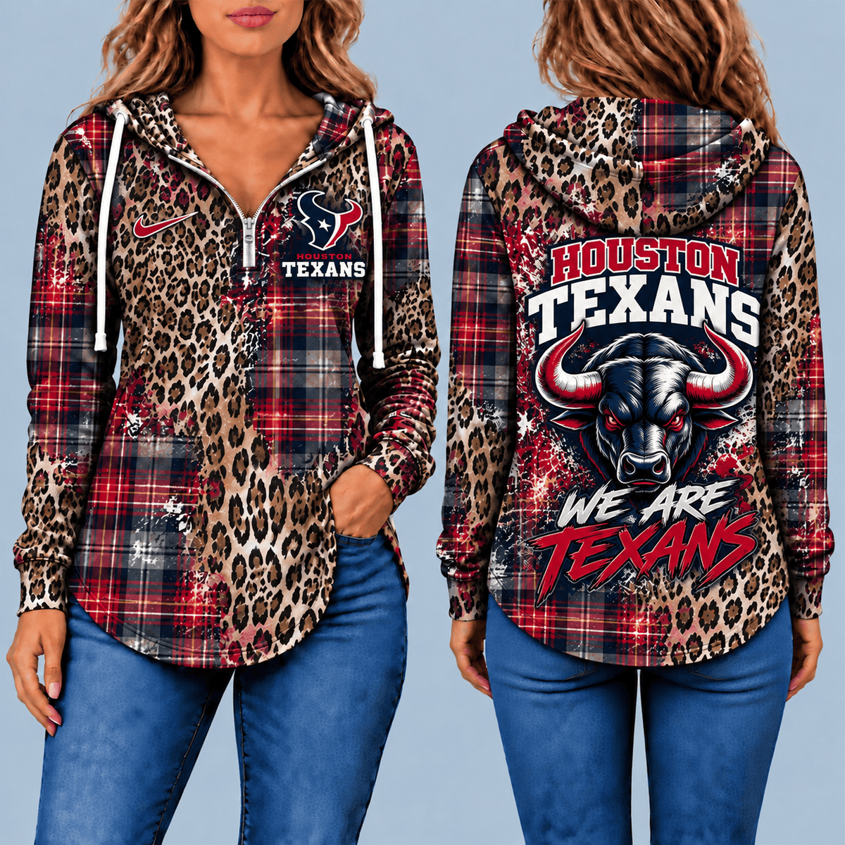 Houston Texans Leopard Plaid Pullover Half-zip Hoodie – Game Day Pullover