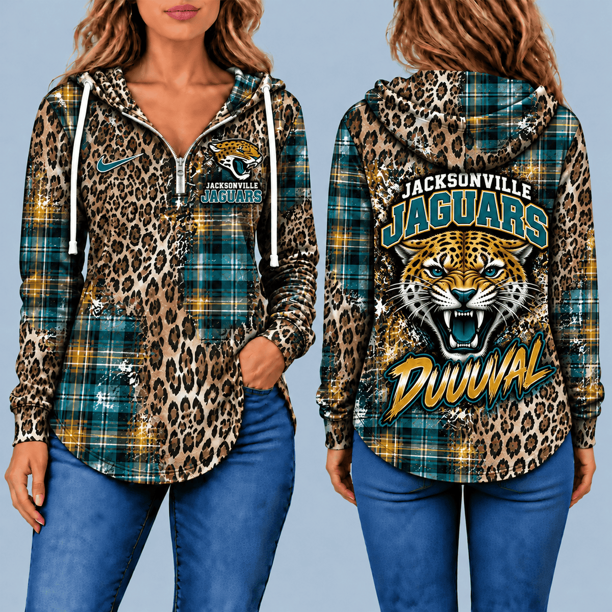 Jacksonville Jaguars Leopard Plaid Pullover Half-zip Hoodie – Game Day Pullover