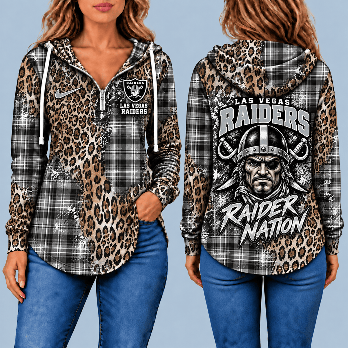 Las Vegas Raiders Leopard Plaid Pullover Half-zip Hoodie – Game Day Pullover
