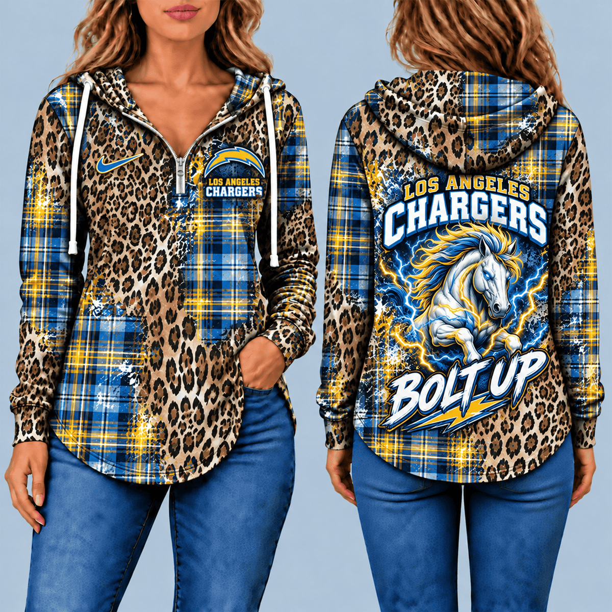 Los Angeles Chargers Leopard Plaid Pullover Half-zip Hoodie – Game Day Pullover