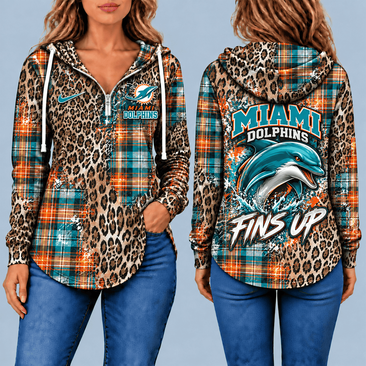 Miami Dolphins Leopard Plaid Pullover Half-zip Hoodie – Game Day Pullover