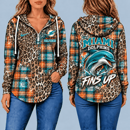 Miami Dolphins Leopard Plaid Pullover Half-zip Hoodie – Game Day Pullover