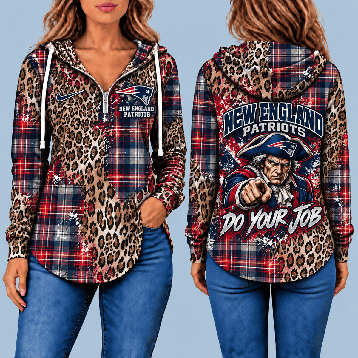 New England Patriots Leopard Plaid Pullover Half-zip Hoodie – Game Day Pullover