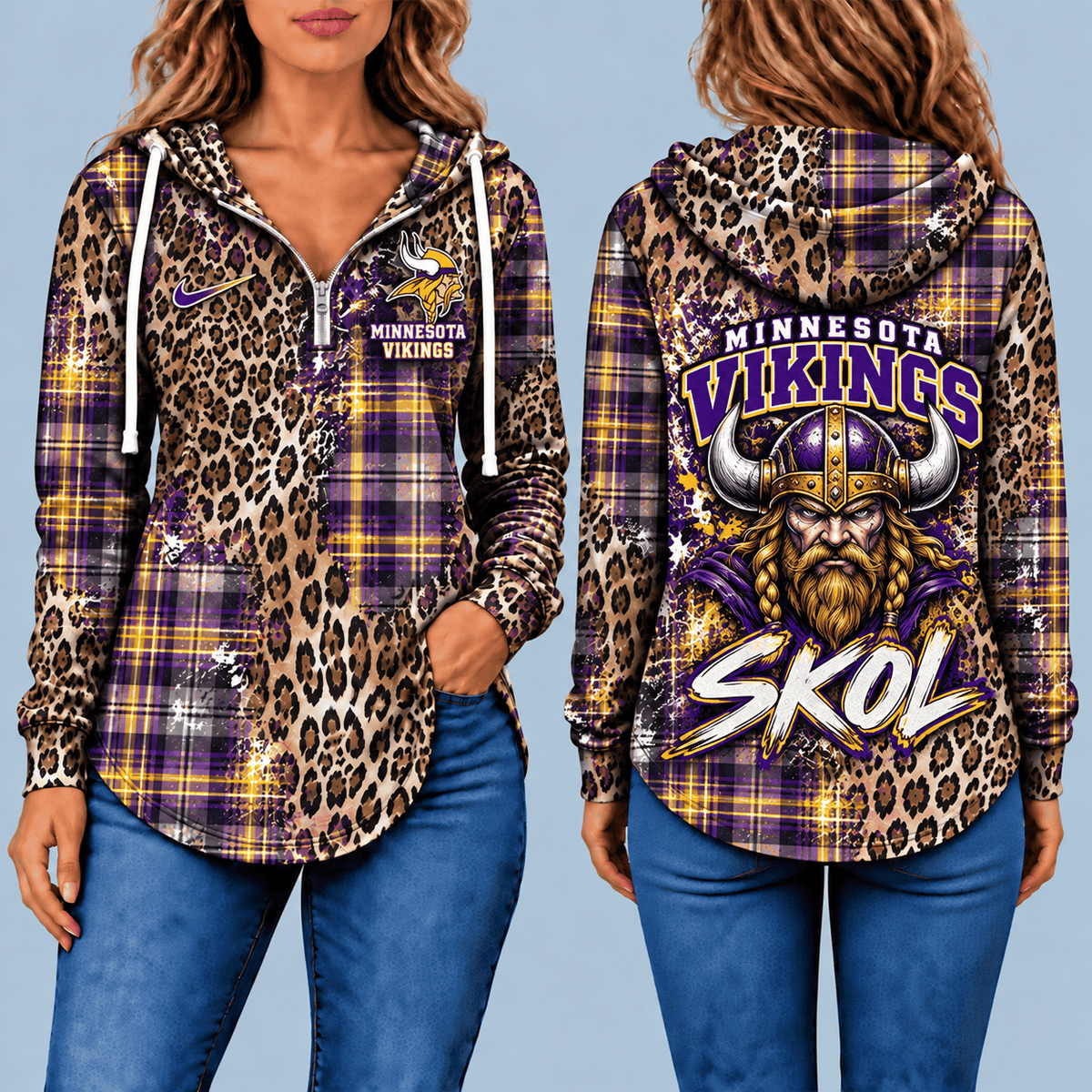 Minnesota Vikings Leopard Plaid Pullover Half-zip Hoodie – Game Day Pullover
