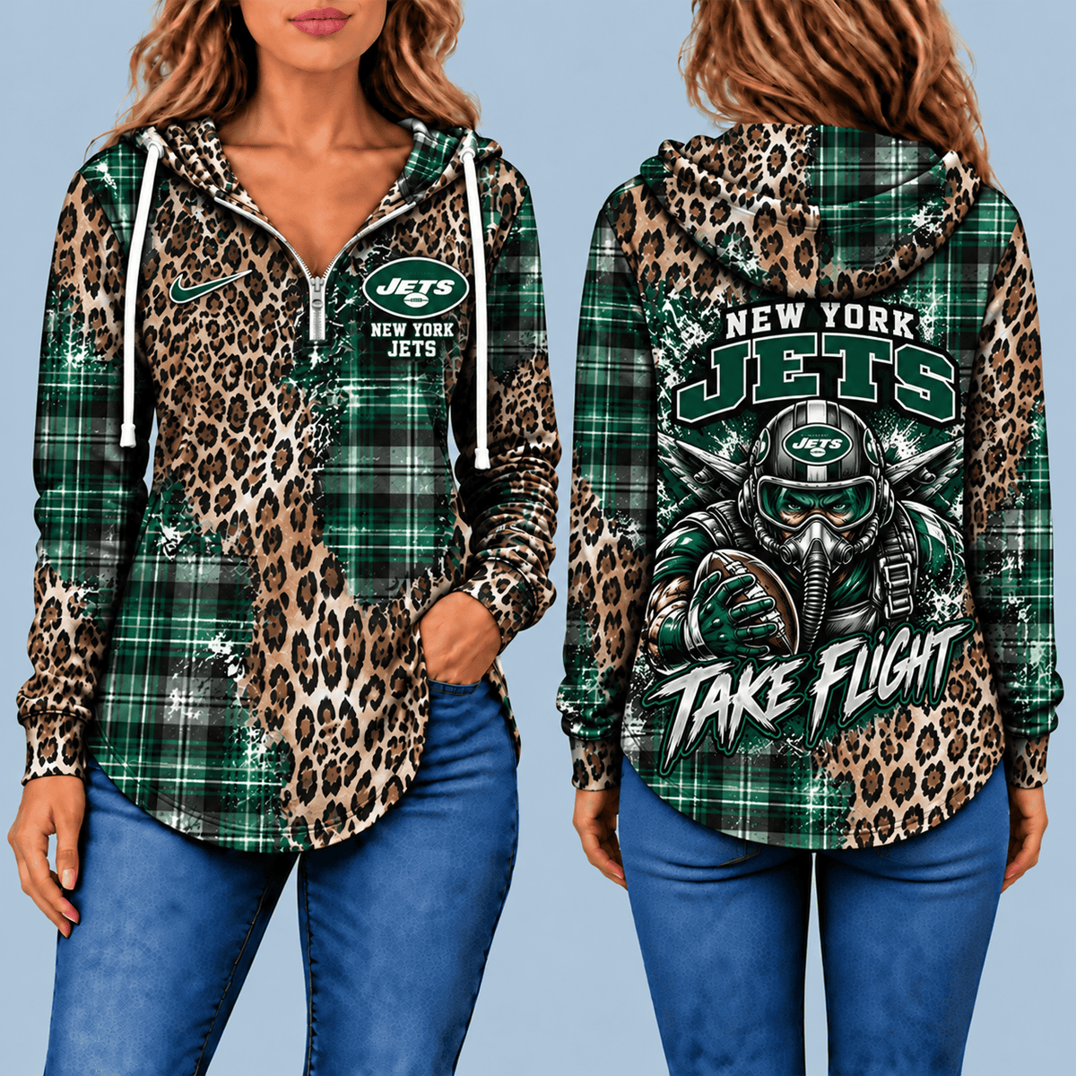 New York Jets Leopard Plaid Pullover Half-zip Hoodie – Game Day Pullover