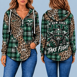 New York Jets Leopard Plaid Pullover Half-zip Hoodie – Game Day Pullover