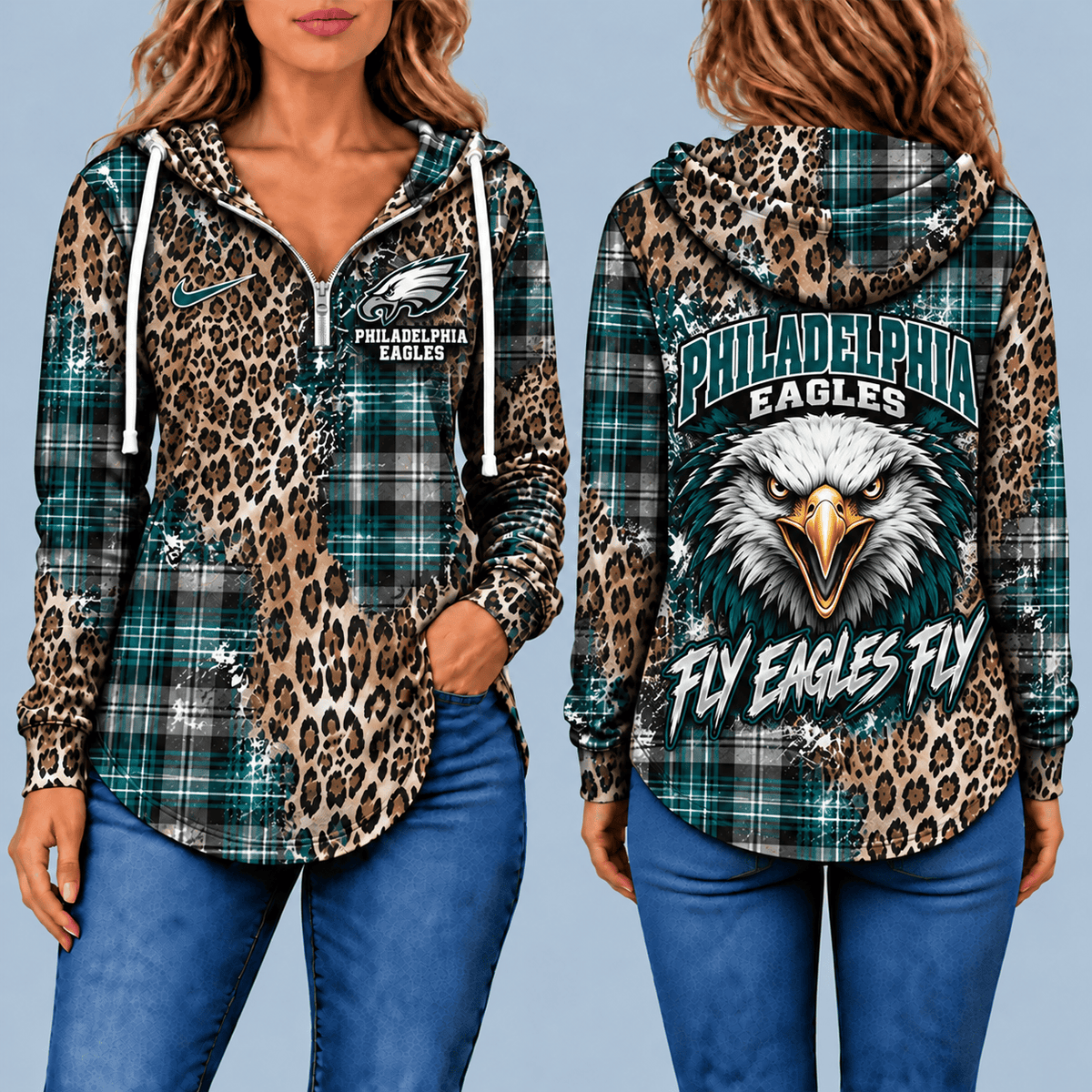 Philadelphia Eagles Leopard Plaid Pullover Half-zip Hoodie – Game Day Pullover