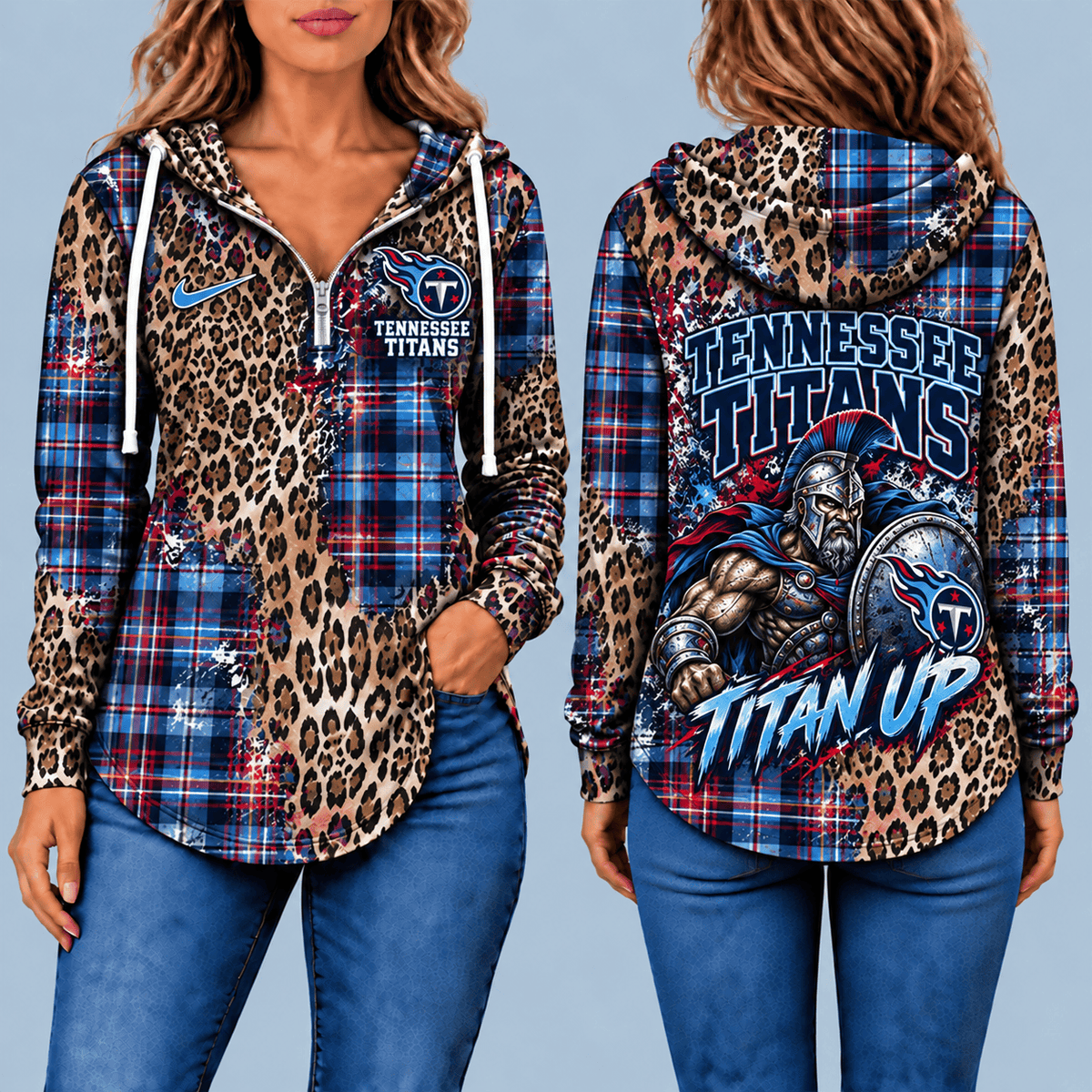Tennessee Titans Leopard Plaid Pullover Half-zip Hoodie – Game Day Pullover