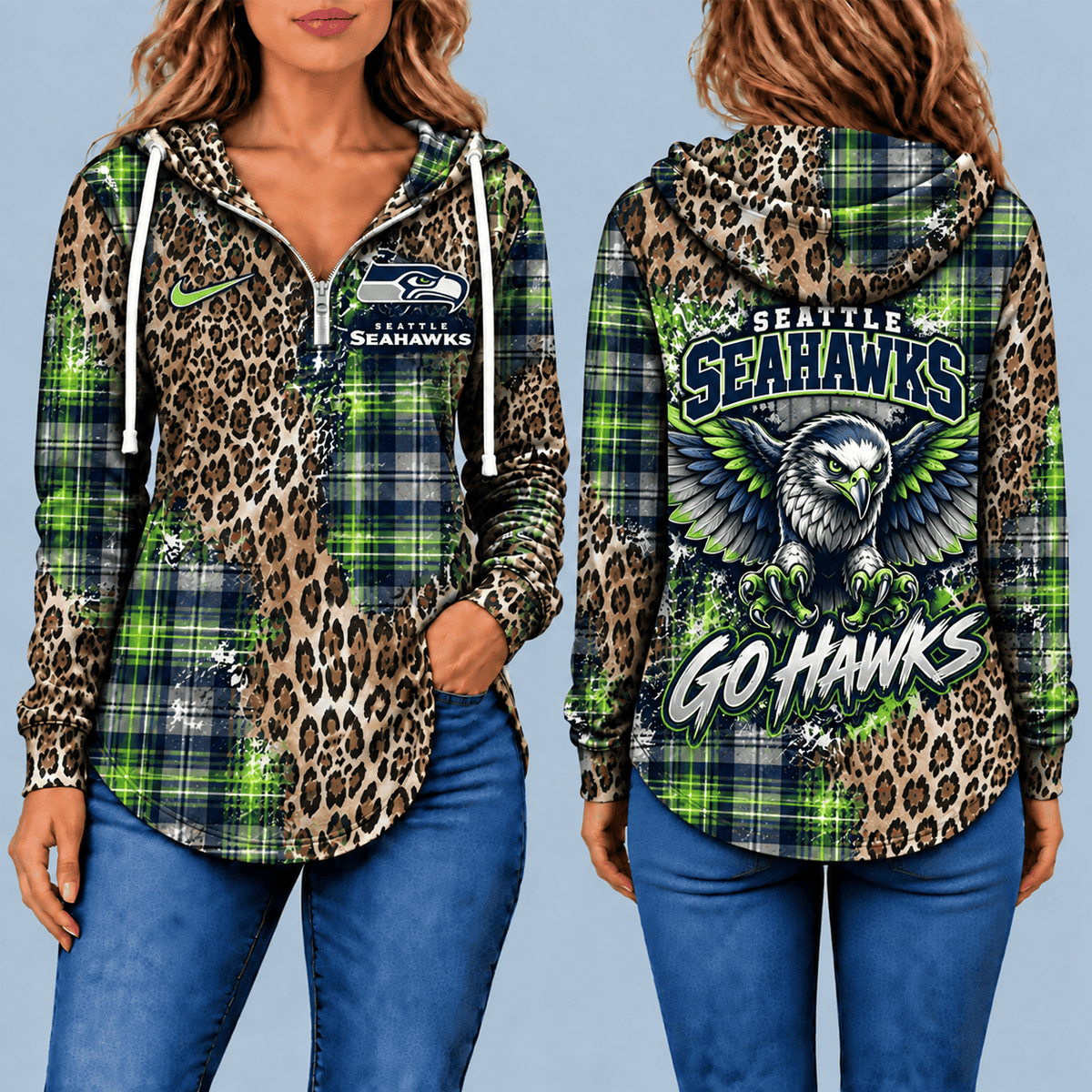 Seattle Seahawks Leopard Plaid Pullover Half-zip Hoodie – Game Day Pullover
