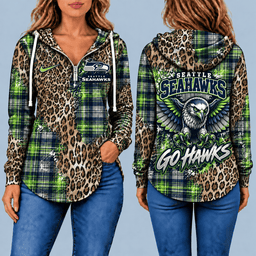Seattle Seahawks Leopard Plaid Pullover Half-zip Hoodie – Game Day Pullover