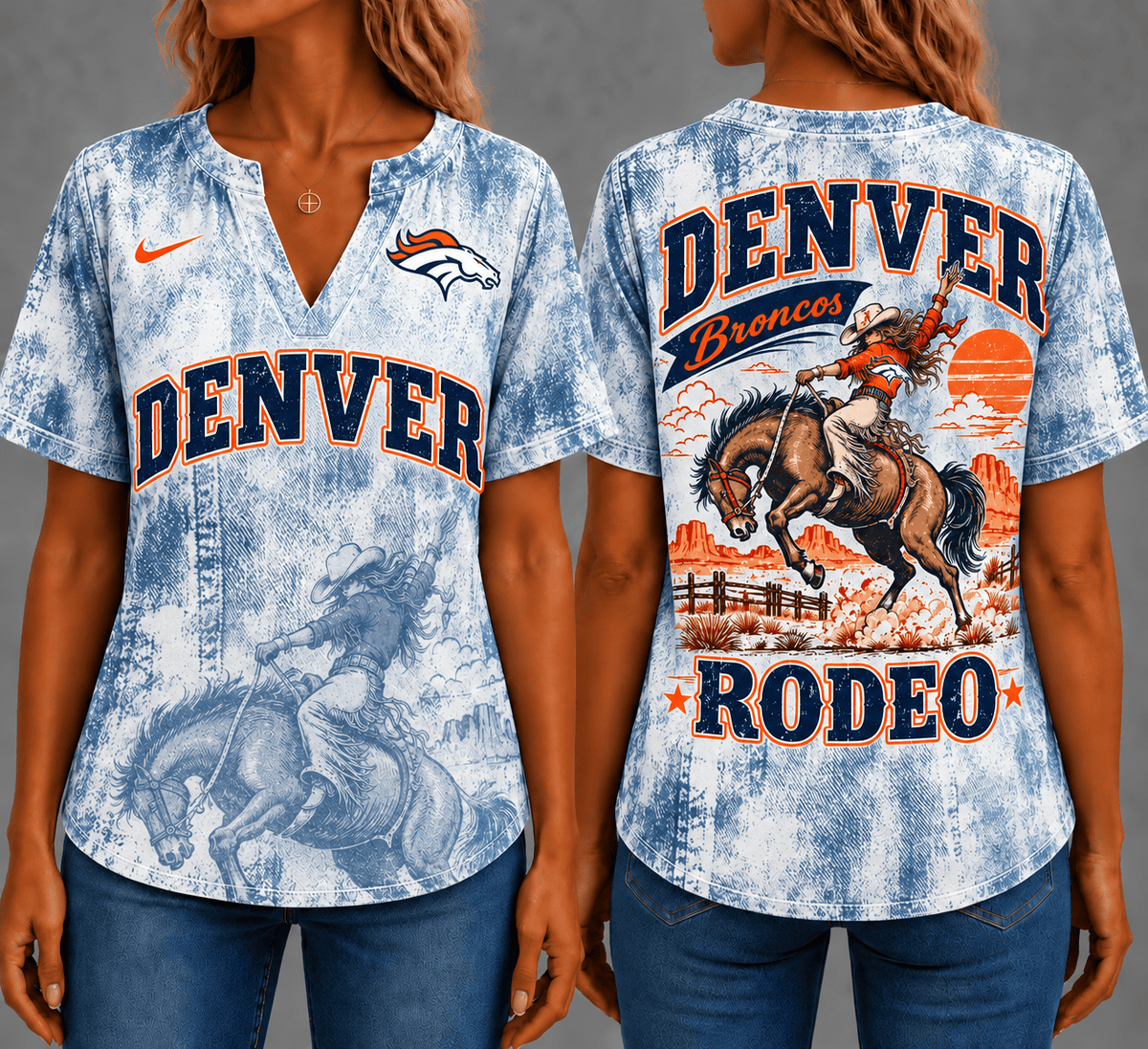Denver Broncos Retro Western Rodeo Short Sleeves V-neck Collar Shirt