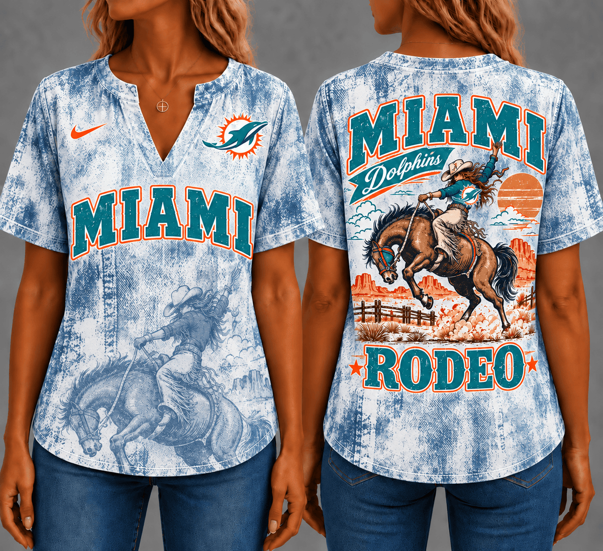 Miami Dolphins Retro Western Rodeo Short Sleeves V-neck Collar Shirt