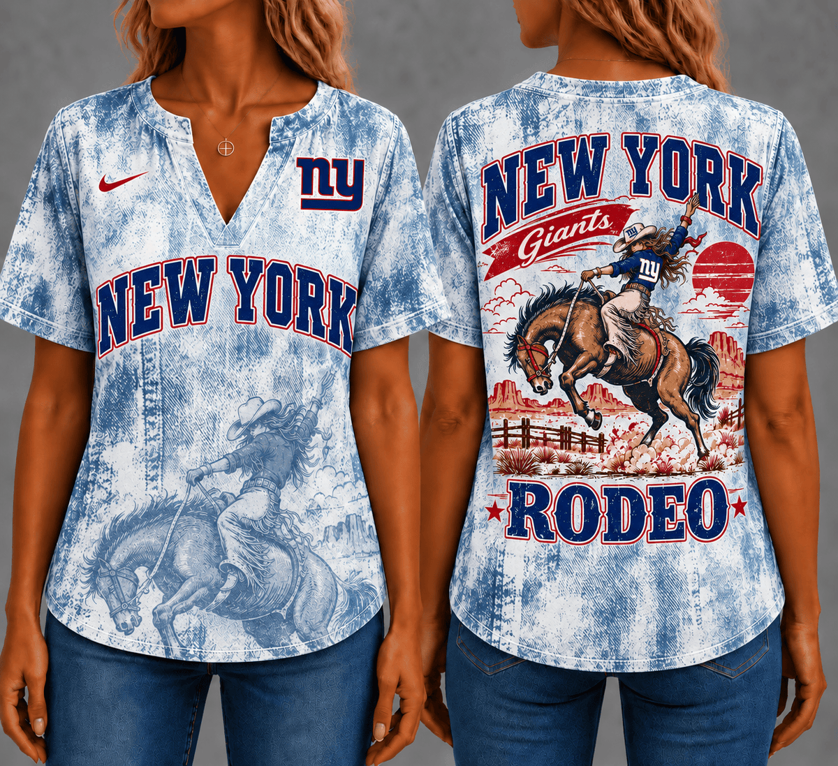 New York Giants Retro Western Rodeo Short Sleeves V-neck Collar Shirt