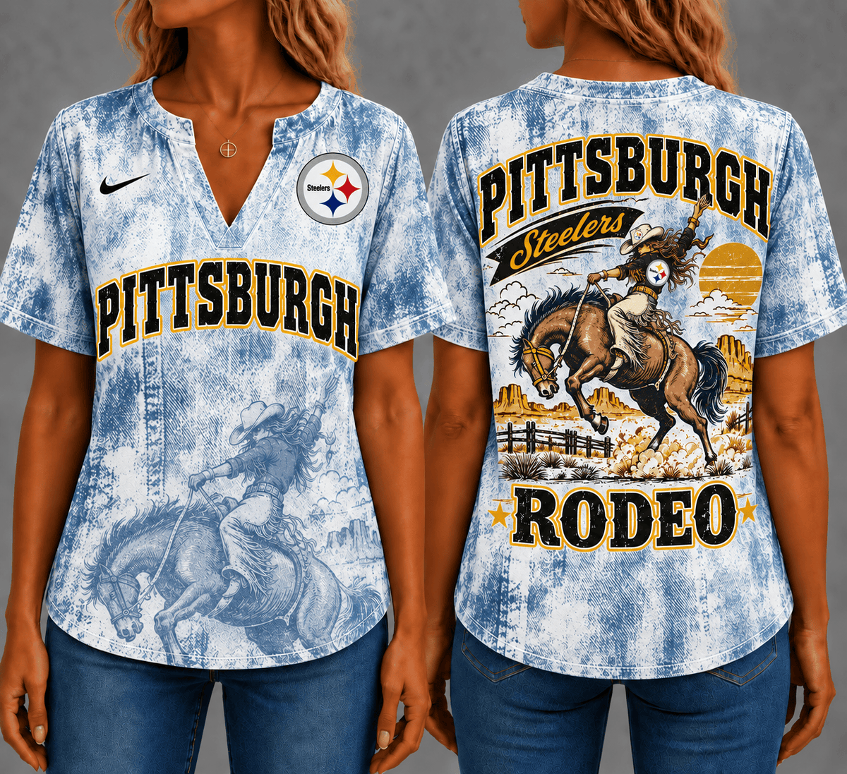 Pittsburgh Steelers Retro Western Rodeo Short Sleeves V-neck Collar Shirt