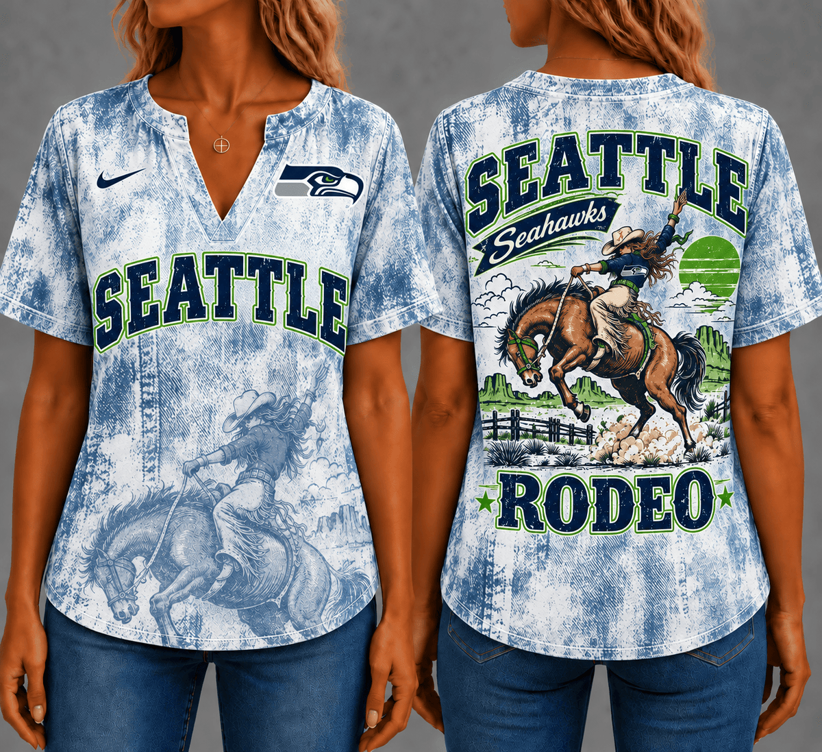 Seattle Seahawks Retro Western Rodeo Short Sleeves V-neck Collar Shirt