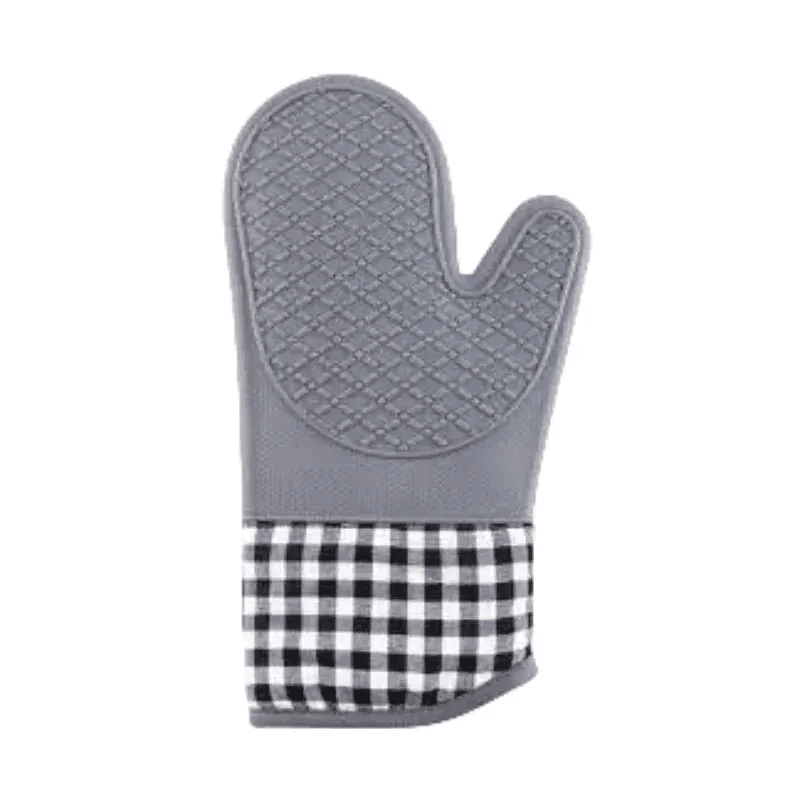 Grey silicone heat resistant oven mitt with black and white checkered cuff for cooking