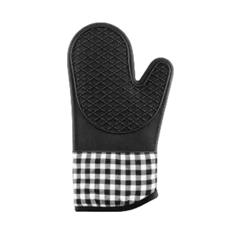 Black silicone oven mitts 500°F heat resistant with checkered long cuff - waterproof non-slip BBQ gloves