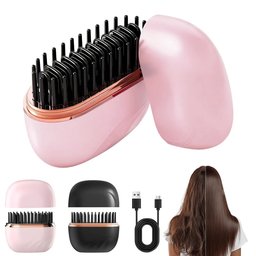 Open view of portable hair straightener brush showing anti-scald bristles pink and black