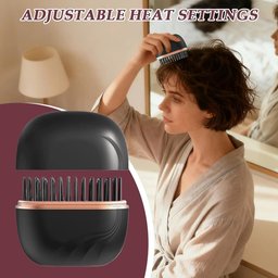 Woman straightening short hair with portable wireless hair straightener comb