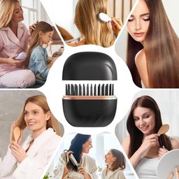 Women using portable hair straightener comb for quick hair styling at home and travel