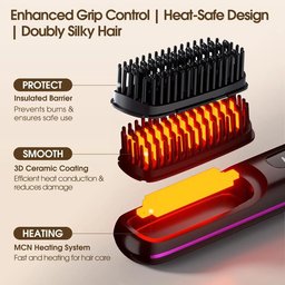 Enhanced safe control heat-safe design cordless straightener brush double silky hair protection