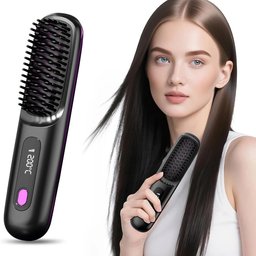 Woman using cordless hair straightening brush fresh approach to hair care at home
