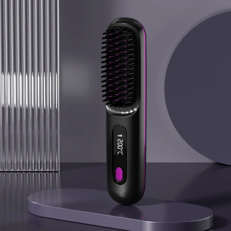 SnapZon GoBrush Pro black cordless hair straightener brush with LCD temperature display 200C