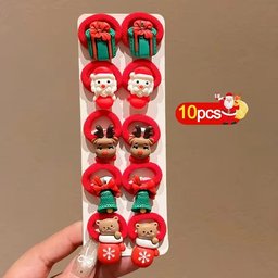 Kids Christmas hair ties set of 10 with Santa and reindeer - red festive hair bands for girls