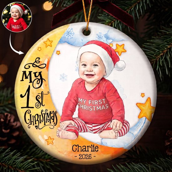 Baby First Christmas Moon Lover Keepsake Custom Photo Watercolor - Personalized Ornament