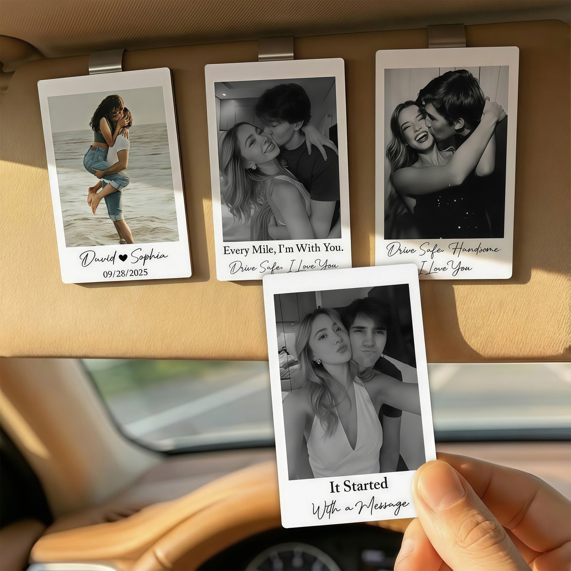 Custom Vintage Retro Couple Photo - Personalized Wooden Photo Car Visor Clip - Photo 1