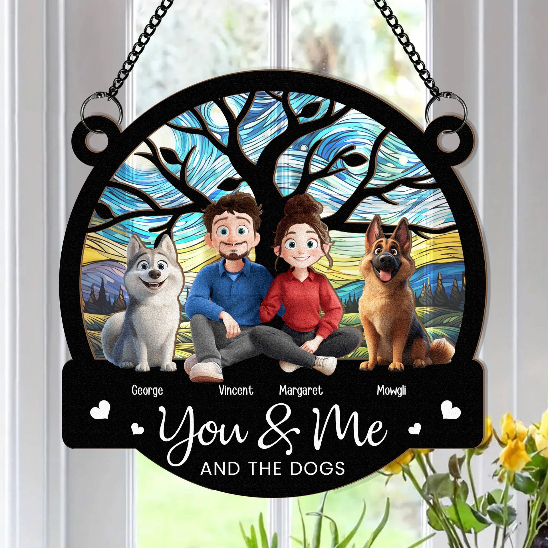 Cartoon Version You & Me And The Dogs - Personalized Window Hanging Suncatcher Ornament - Photo 1