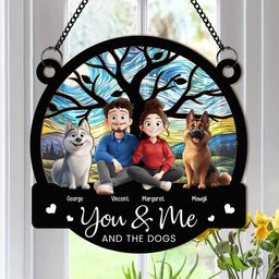 Cartoon Version You & Me And The Dogs - Personalized Window Hanging Suncatcher Ornament - Photo 1