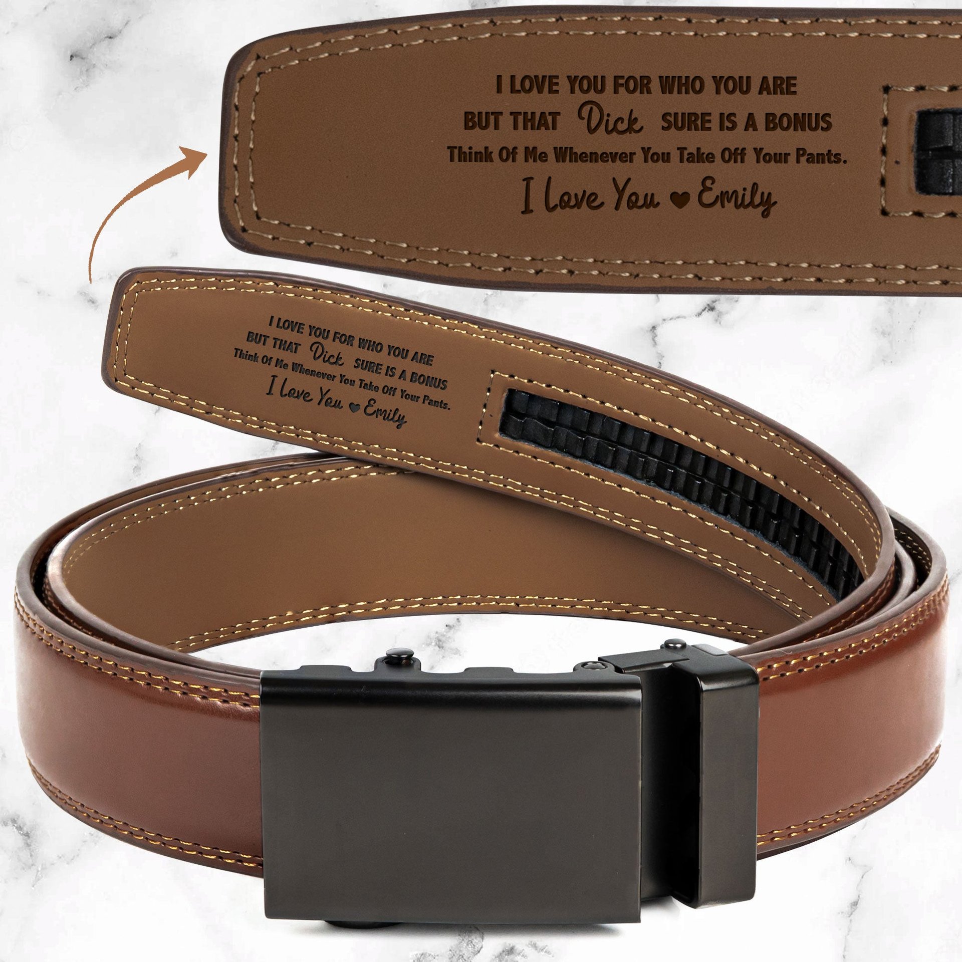 I Love You For Who You Are But That Sure Is A Bonus - Personalized Leather Belt With Engraved Buckle - Photo 1