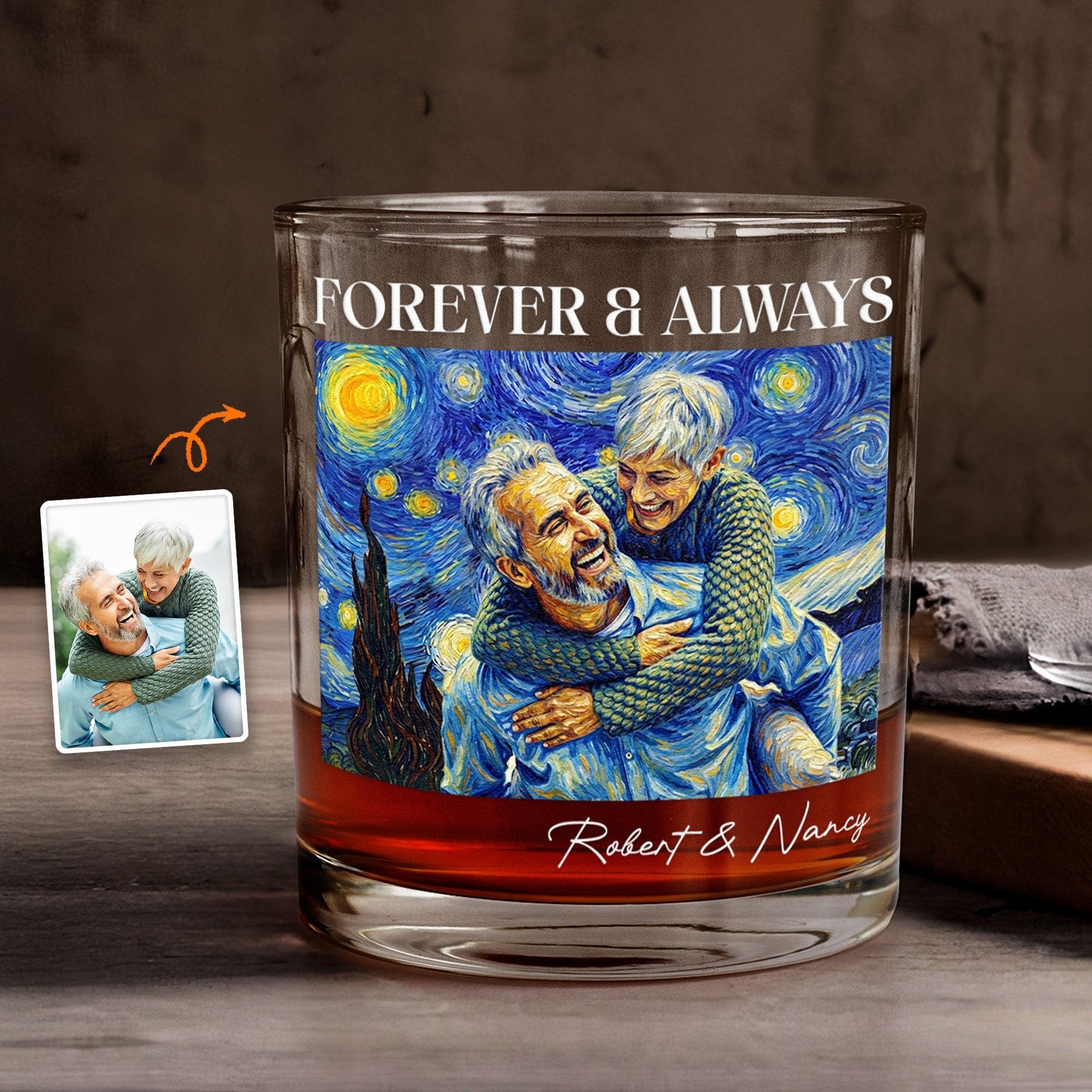 Couple Photo Van Gogh Art Forever & Always - Personalized Whiskey Glass - Photo 1