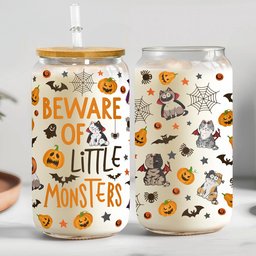 Beware Of Little Monsters Halloween Pet - Personalized Clear Glass Cup - Photo 3