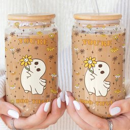 You Are Boo-Tiful Halloween Boo With Daisy Flower - Personalized Clear Glass Cup - Photo 3