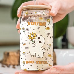 You Are Boo-Tiful Halloween Boo With Daisy Flower - Personalized Clear Glass Cup - Photo 2