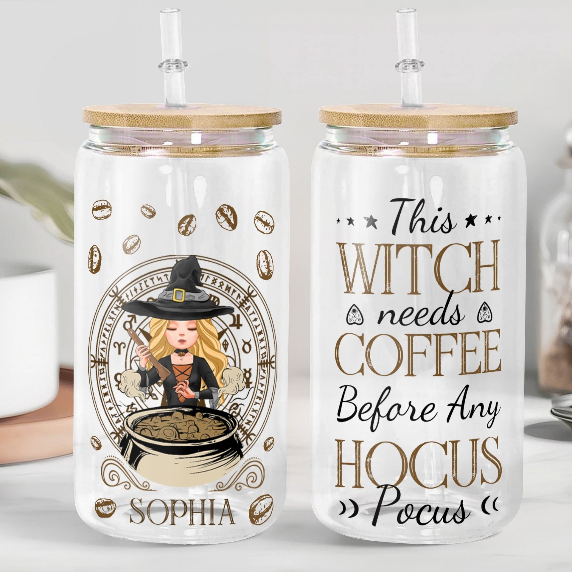 Witch Needs Coffee - Personalized Clear Glass Cup - Photo 1