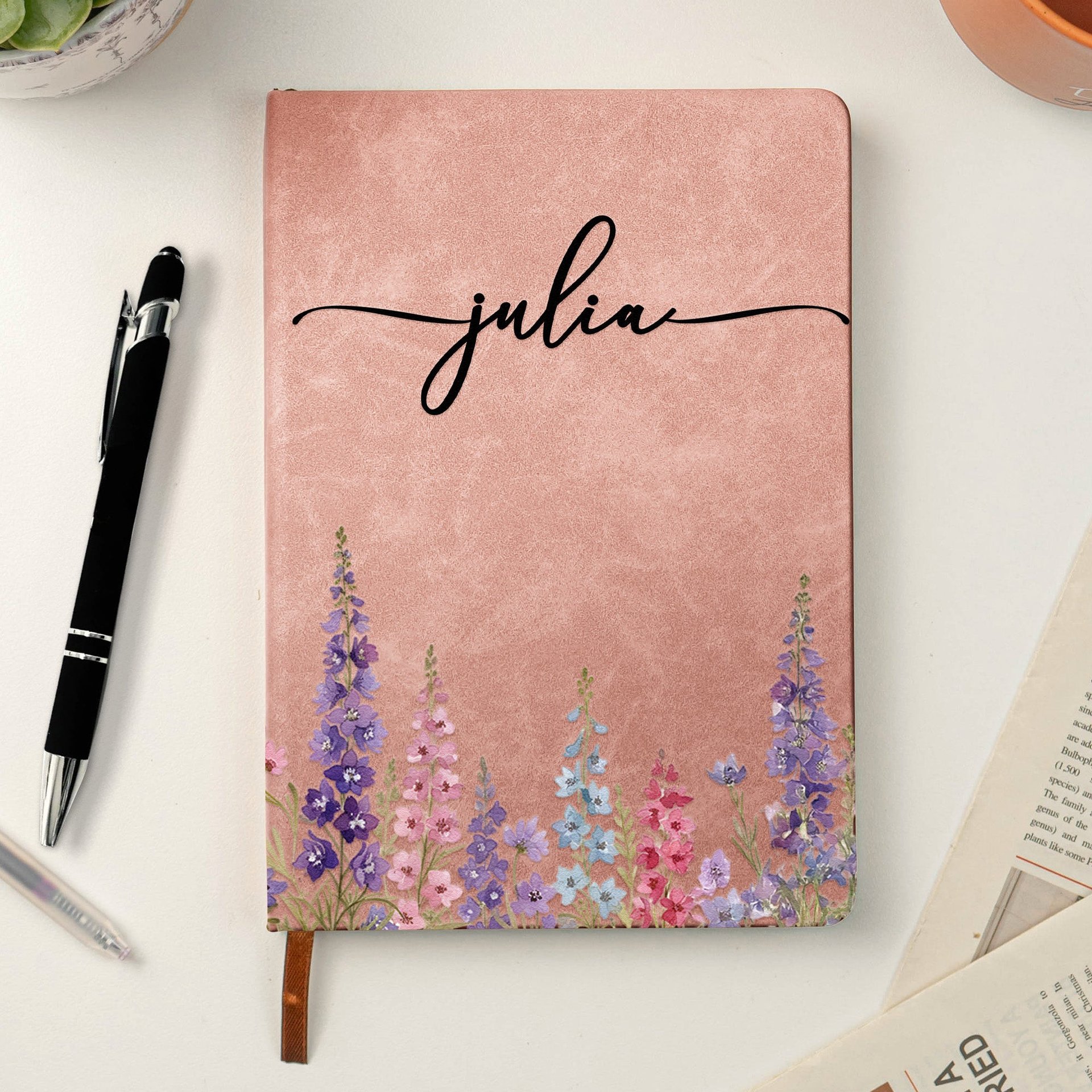 Custom Birth Flower & Name For Her, Wife, Daughter, Sister - Personalized Leather Journal - Photo 1