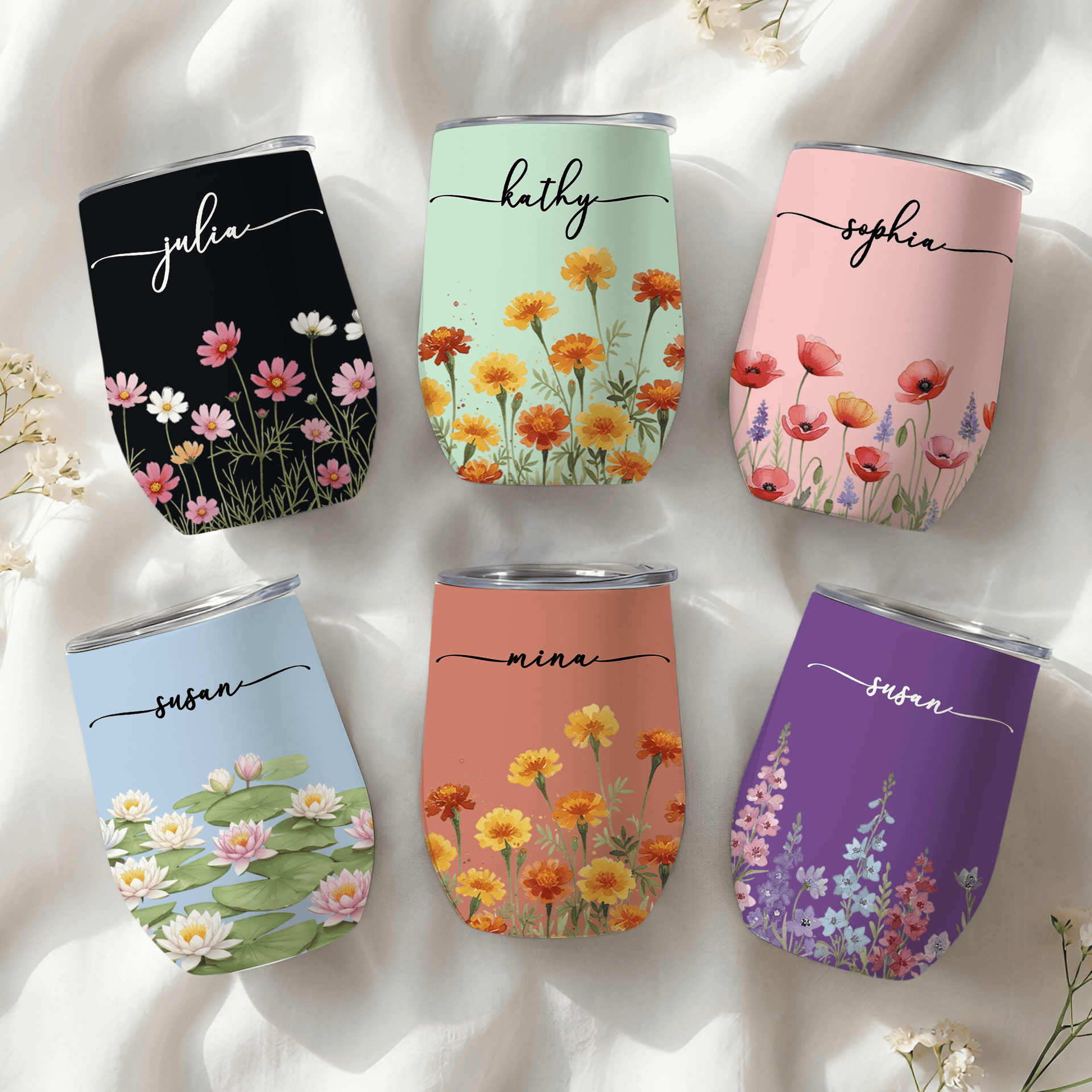 Custom Name & Birth Flower Birthday Gift For Her, Sisters, Daughter, Friends - Personalized Wine Tumbler - Photo 1