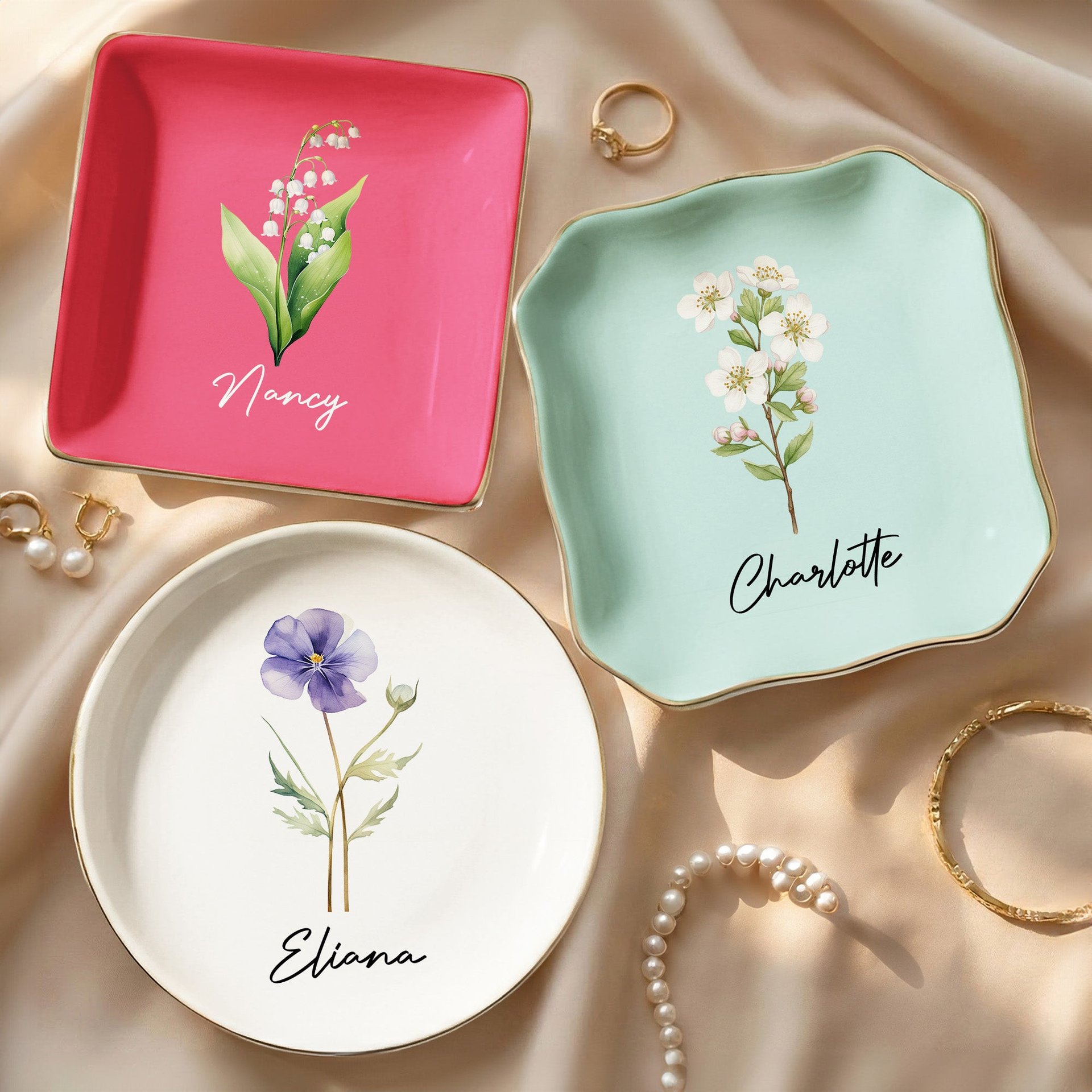 Custom Birth Flower & Name For Her, Gift For Friends, Coworkers, Daughters, Sisters - Personalized Jewelry Dish - Photo 1