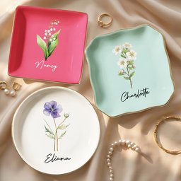 Custom Birth Flower & Name For Her, Gift For Friends, Coworkers, Daughters, Sisters - Personalized Jewelry Dish - Photo 1