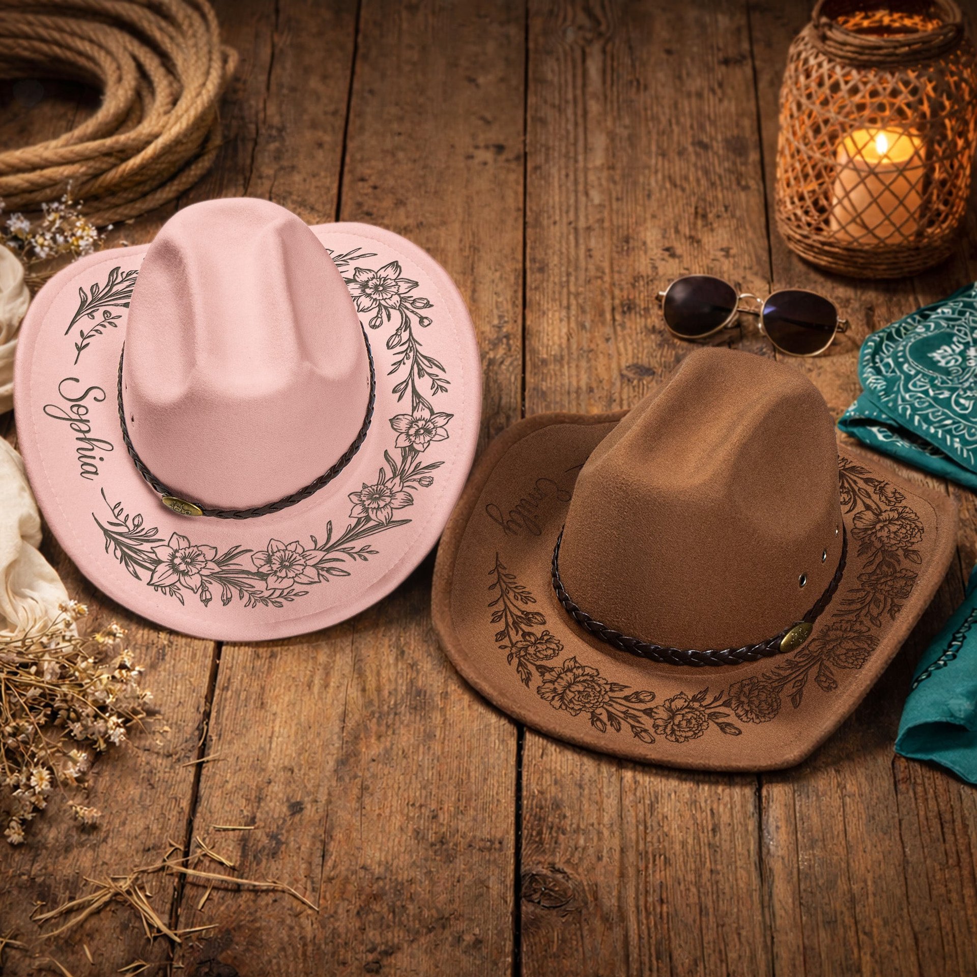 Custom Birth Flower & Name For Her, Cowgirls, Western Style - Personalized Cowboy Hat - Photo 1