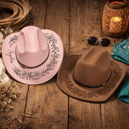 Custom Birth Flower & Name For Her, Cowgirls, Western Style - Personalized Cowboy Hat - Photo 1