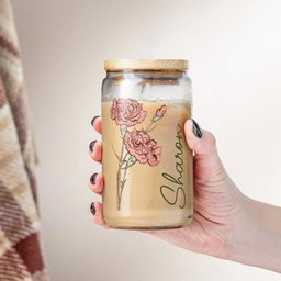 Birth Flower Birthday Gift For Women Friend Bridesmaid - Personalized Clear Glass Cup - Photo 4